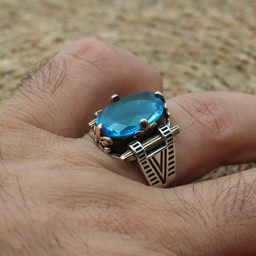 Mens Handmade Ring, Turkish Handmade Silver Men Ring, Ottoman Ring, Aquamarine Ring, Men's Jewelry, Gift for Him, 925k Sterling Silver Ring