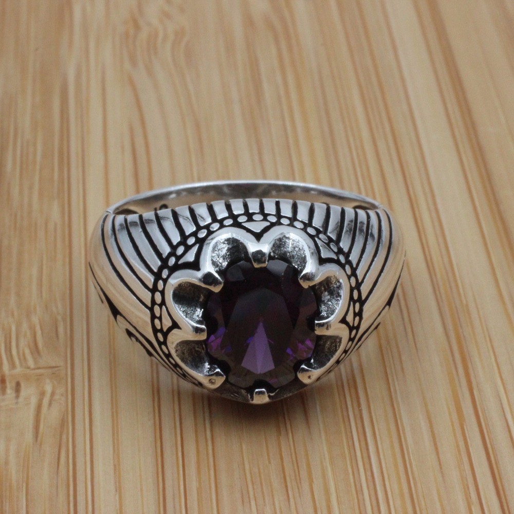 Men's Handmade Ring, Turkish Handmade Ring, Cubic Zircon, Ottoman Men Ring, Amethyst Ring, Men's Jewelry, Gift for Him, 925k Sterling Silver