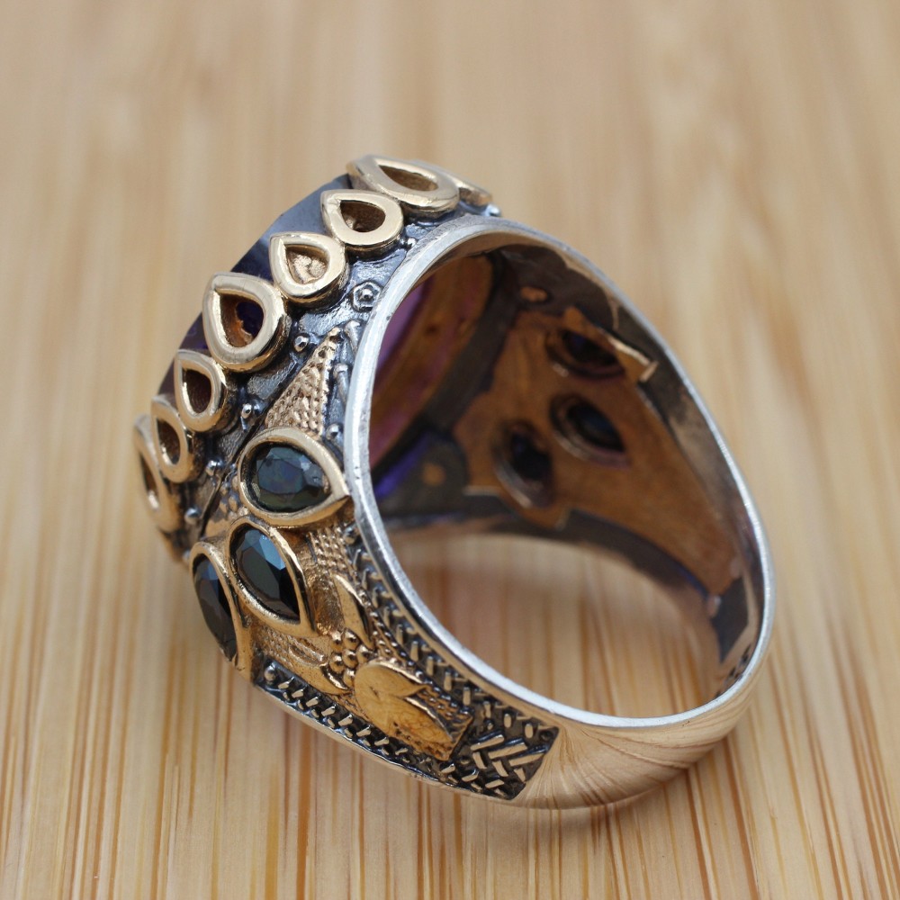 Men's Handmade Ring, Yemeni Ring, Amethyst Ring, Turkish Handmade Silver Men Ring, Ottoman Men Ring, Gift for Him, 925k Sterling Silver Ring