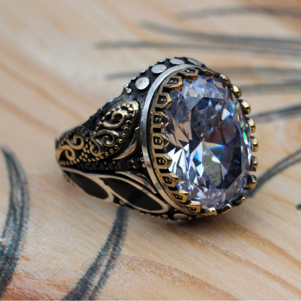 Mens Handmade Ring, Turkish Handmade Silver Men Ring, Ottoman Men Ring, Zircon Ring, Men's Jewelry, Gift for Him, 925k Sterling Silver Ring