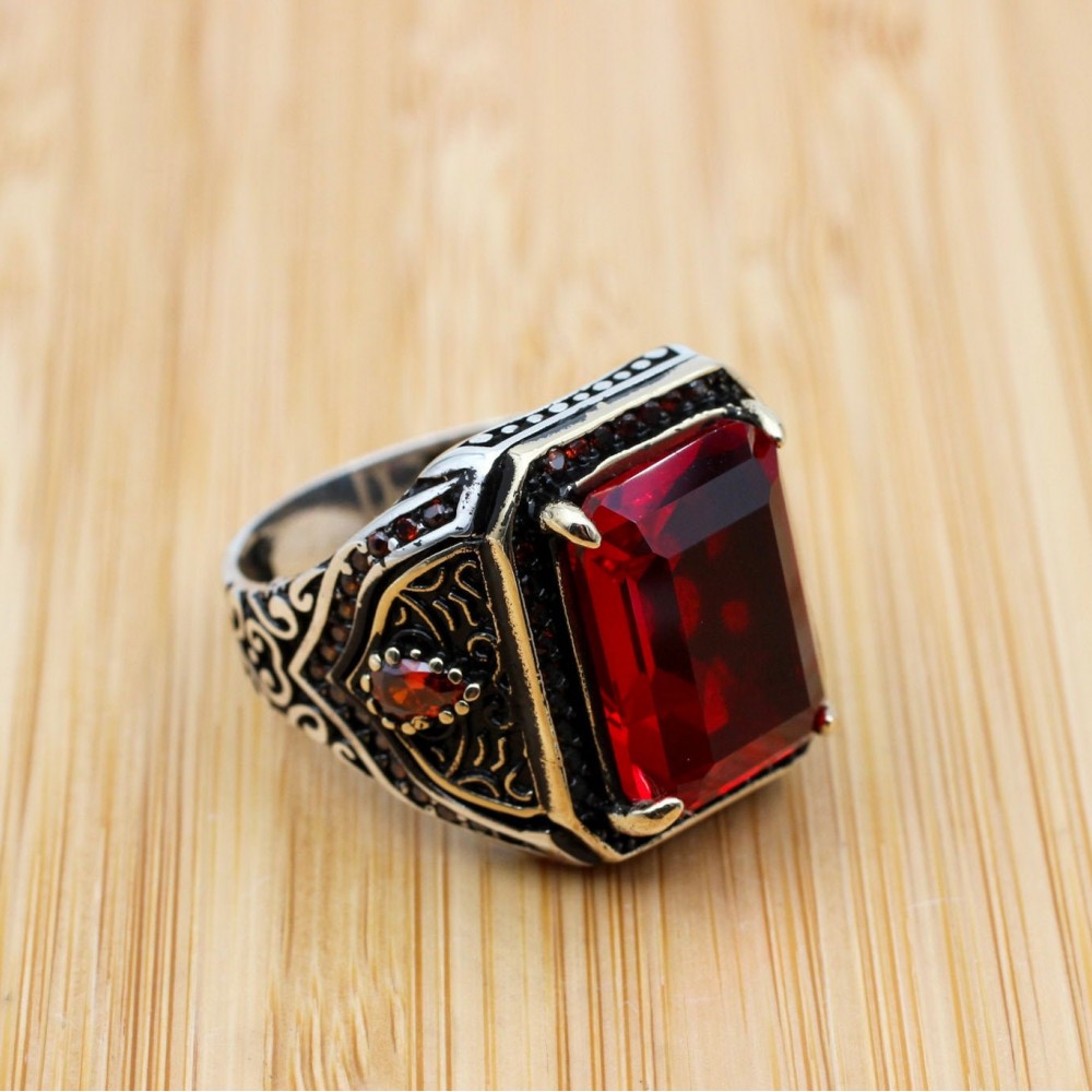 Ruby Men's Ring, Men's Handmade Ring, Turkish Handmade Silver Mens Ring, Ottoman Mens Ring, Mens Jewelry, Gift for Him, 925k Sterling Silver