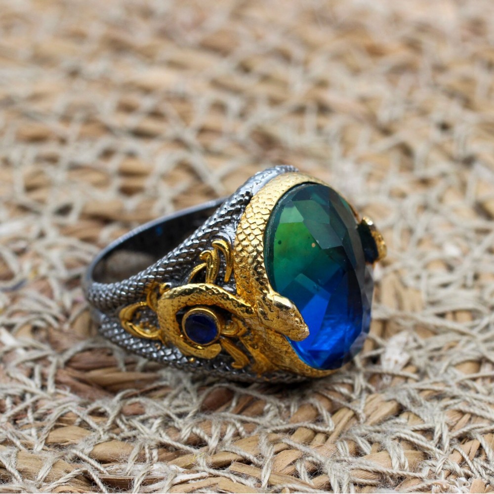 Men's Handmade Ring, Turkish Handmade Ring, Ottoman  Men's Ring, Tourmaline Men's Ring, Men's Jewelry, Gift for Him, 925k Sterling Silver