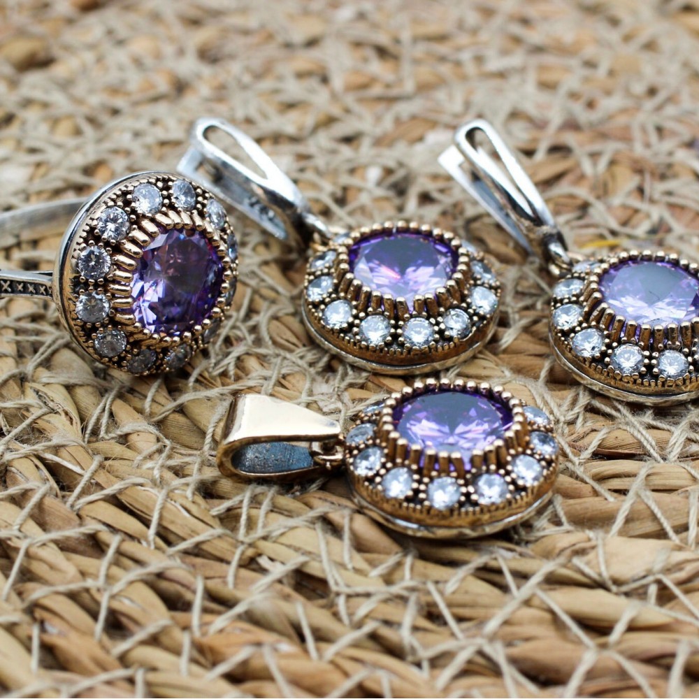Amethyst Set, Authentic Set, Handmade Set Women, Turkish Handmade, Ladies Jewelry Set, Earring, Pendant, Ladies Set, 925k Sterling Silver
