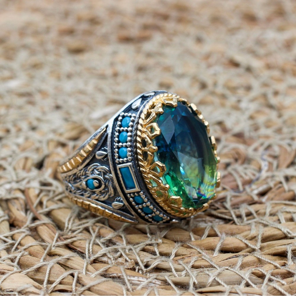 Tourmaline Men's Ring, Handmade Men's Ring, Turkish Handmade Ring, Ottoman Men's Ring, Men's Jewelry, Gift for Him, 925 Sterling Silver