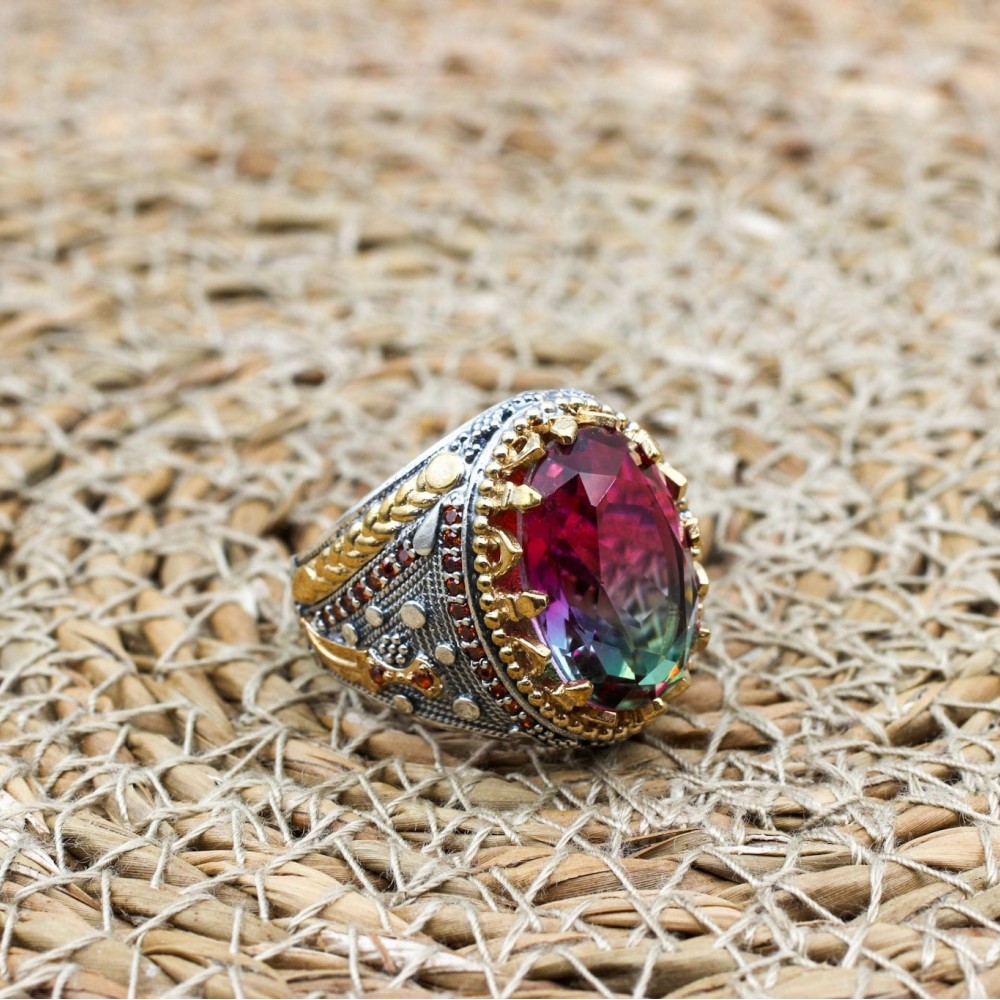 Men's Handmade Ring, Turkish Handmade Men's Ring, Ottoman Men's Ring, Tourmaline Men's Ring, Mens Ring, Gift for Him, 925k Sterling Silver