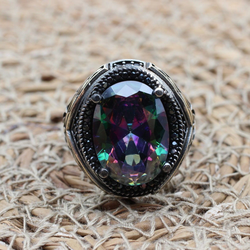 Mystic Topaz Ring, Handmade Ring, Turkish Handmade Silver Men Ring, Mystic Topaz Ring, Men's Jewelry, Gift for Him, 925k Sterling Silver