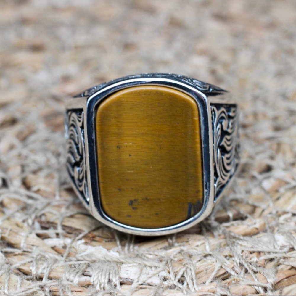 Tiger Eye Men's Ring, Ottoman Men's Ring, Handmade Men's Ring, Turkish Handmade Men's Ring, Men's Jewelry, Gift for Him, 925 Sterling Silver