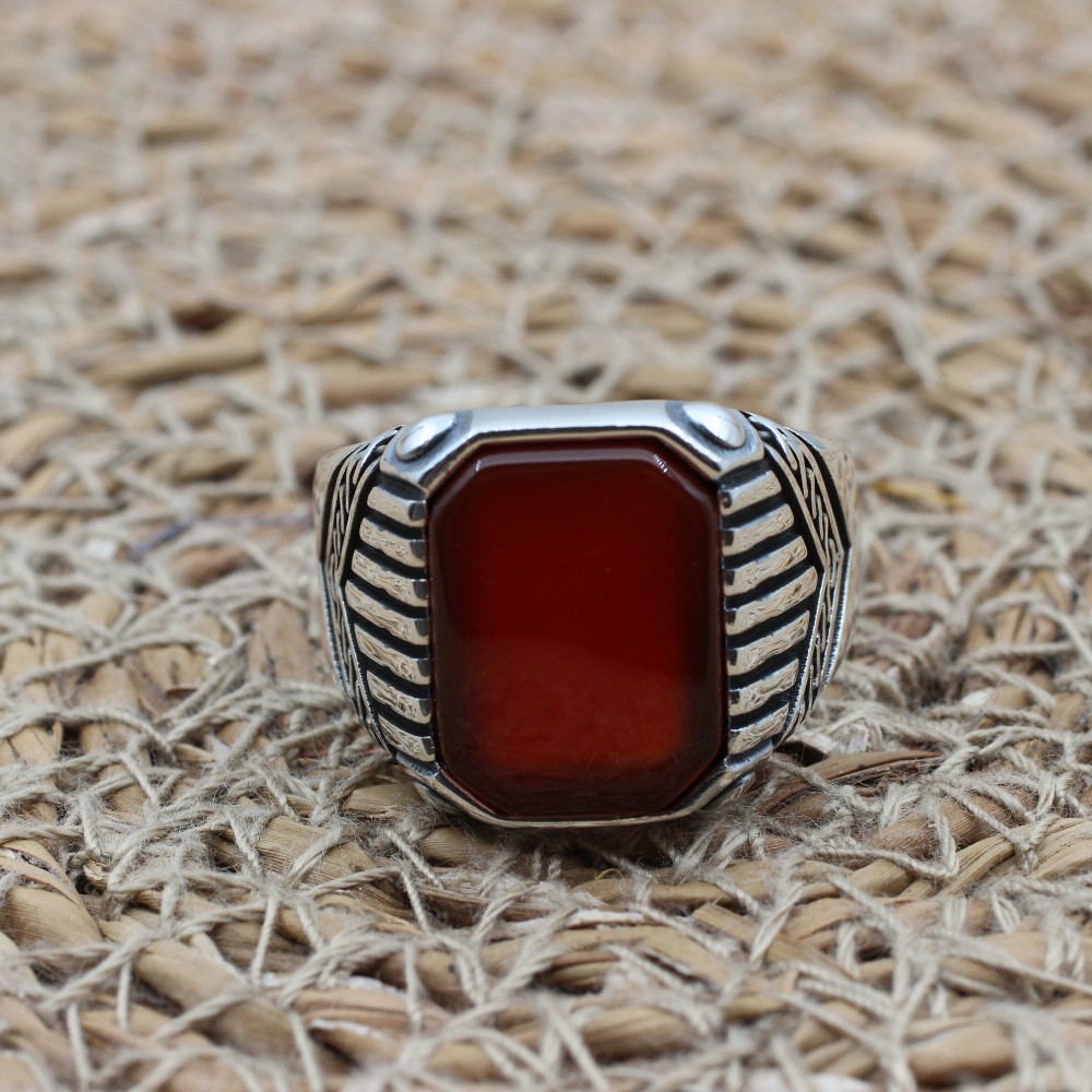 Men's Agate Ring, Handmade Ring, Turkish Handmade Silver Men Ring, Ottoman Men Ring, Men's Jewelry, Gift for Him, 925k Sterling Silver Ring