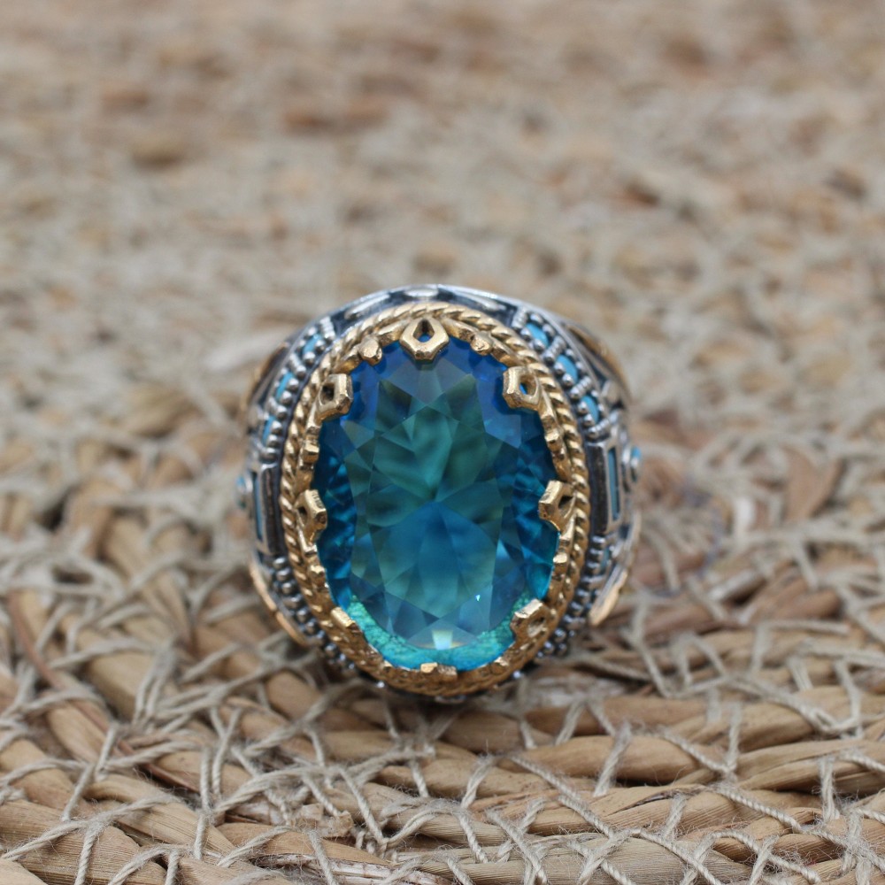 Mens Handmade Ring, Turkish Handmade Silver Men Ring, Ottoman Ring, Aquamarine Ring, Men's Jewelry, Gift for Him, 925k Sterling Silver Ring