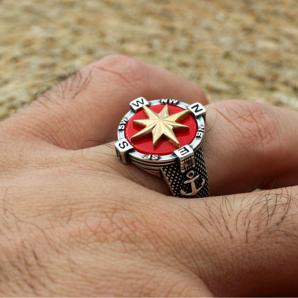 Turkish Handmade Ring, Compass Ring, Men's Handmade Ring, Anchor Ring, Agate Men Ring, Mens Jewelry, Gift for Him, 925k Sterling Silver Ring