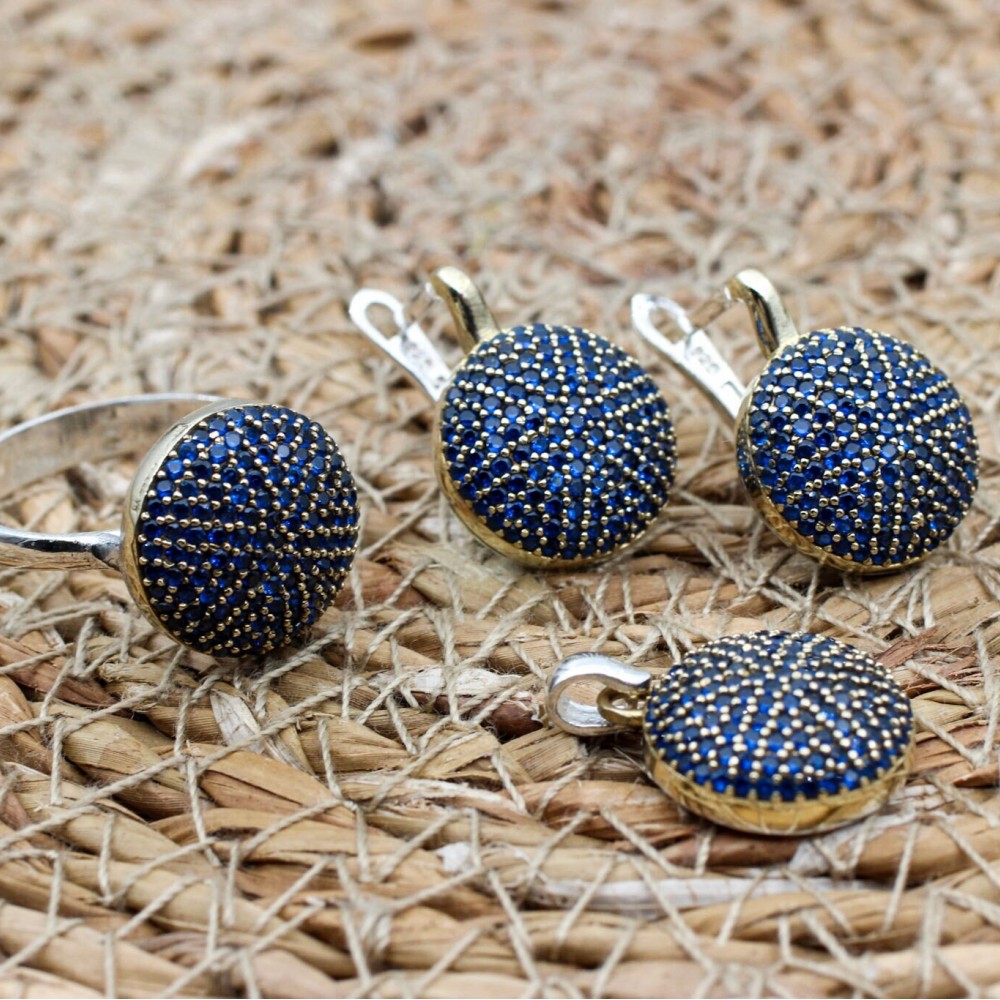 Sapphire Set, Authentic Set, Handmade Set Women, Turkish Handmade, Ladies Jewelry Set, Earring, Pendant, Ladies Set, 925k Sterling Silver