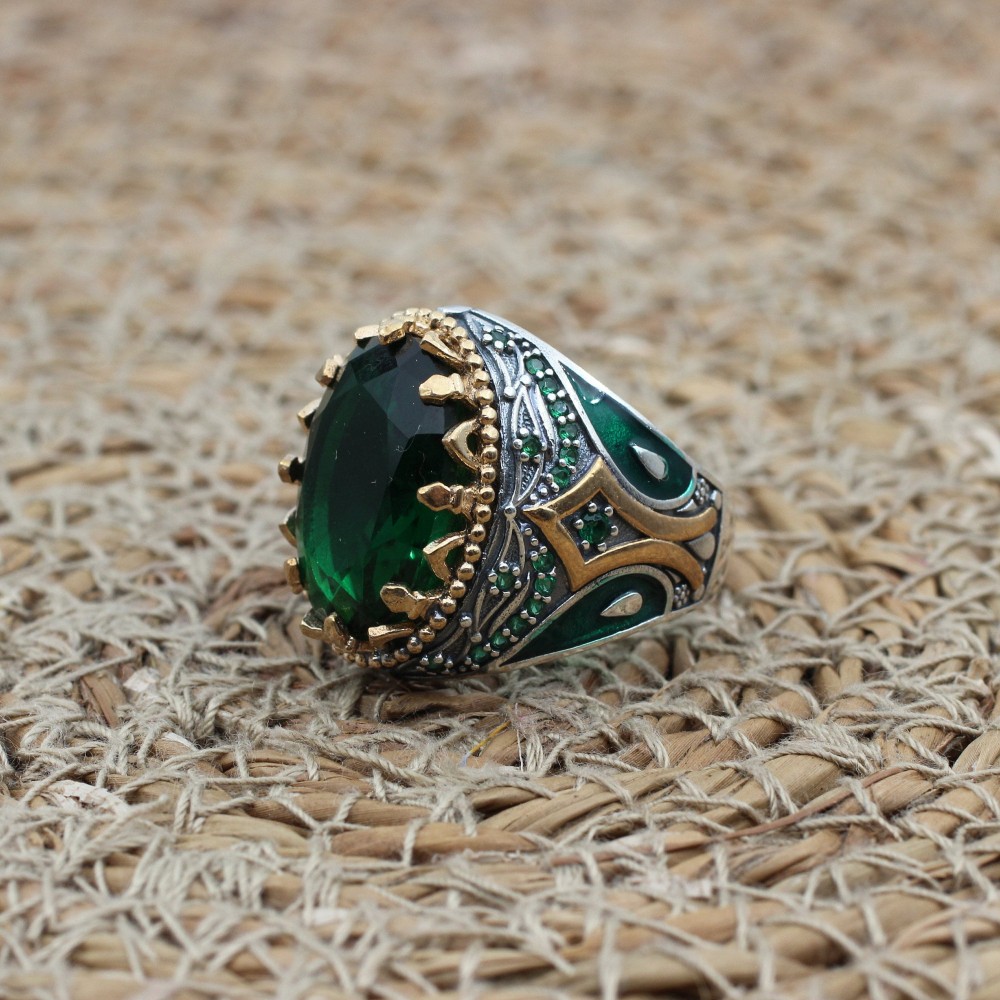 Emerald Men's Ring, Ottoman Men's Ring, Handmade Men's Ring, Turkish Handmade Men's Ring, Men's Jewelry, Gift for Him, 925 Sterling Silver