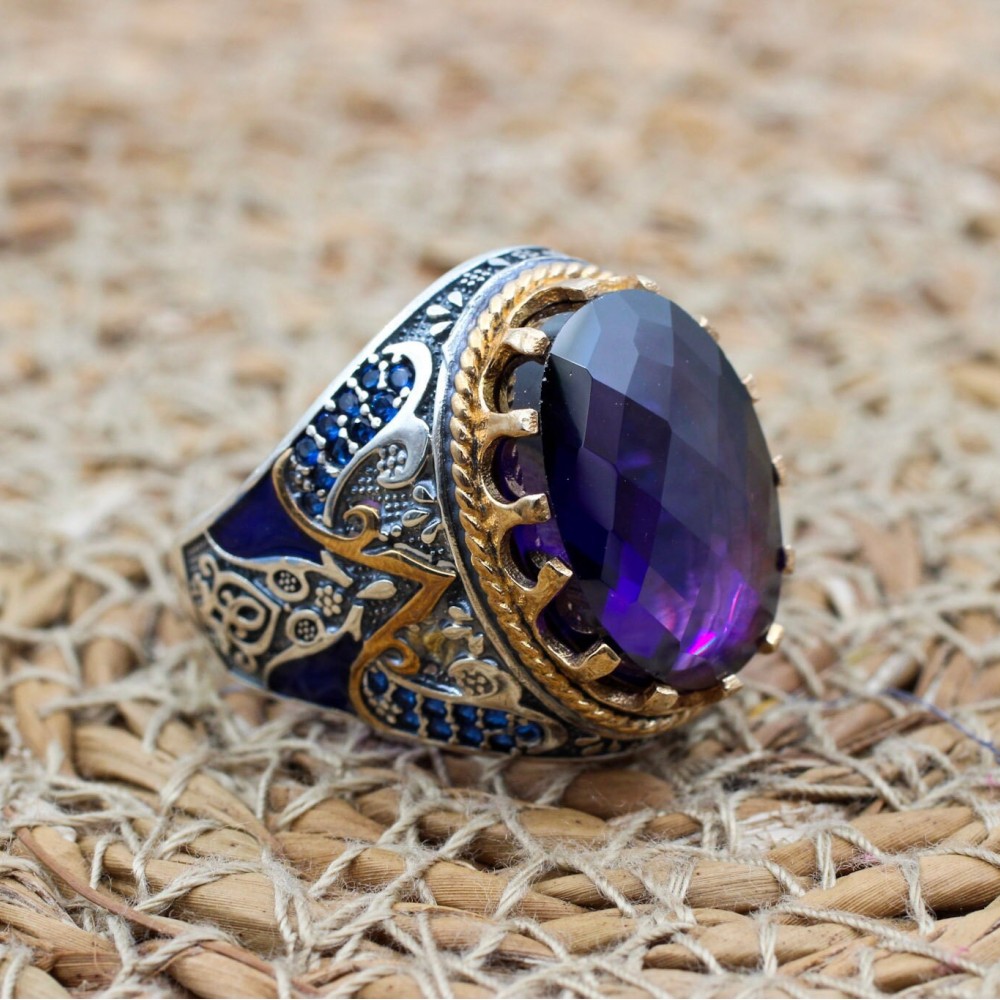 Amethyst Men's Ring, Mens Handmade Ring, Turkish Handmade Silver Men Ring, Ottoman Men Ring, Men Jewelry, Gift for Him, 925k Sterling Silver