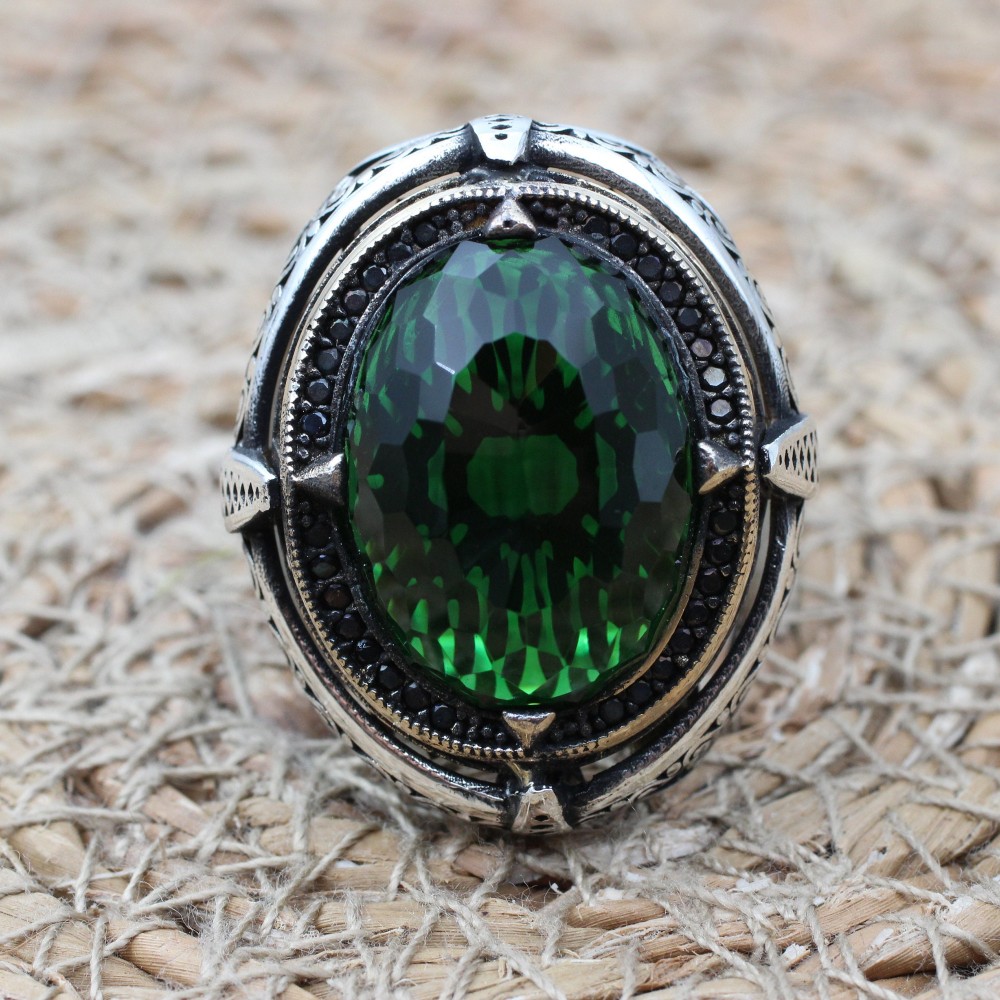 Emerald Men's Ring, Ottoman Men's Ring, Handmade Men's Ring, Turkish Handmade Men's Ring, Men's Jewelry, Gift for Him, 925 Sterling Silver