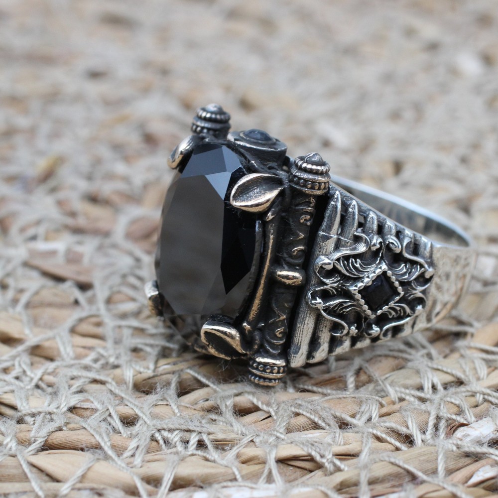 Onyx Men's Ring, Turkish Handmade Silver Men's Ring, Men's Handmade Ring, Oval Stone Ring, Ottoman Ring, Gift for Him, 925k Sterling Silver,