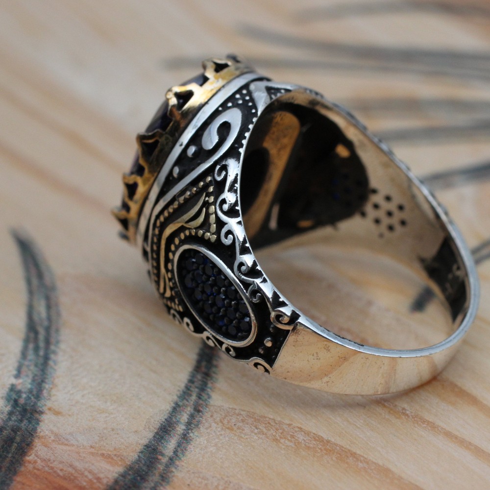 Amethyst Men's Ring, Mens Handmade Ring, Turkish Handmade Silver Men Ring, Ottoman Men Ring, Men Jewelry, Gift for Him, 925k Sterling Silver
