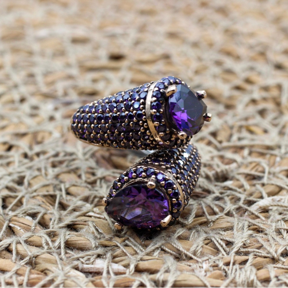 Amethyst Ring, Zircon Ring, Ladies Ring, Handmade Women's Ring, Turkish Handmade Ring, Authentic Ring, 925 Sterling Silver, Adjustable Ring,