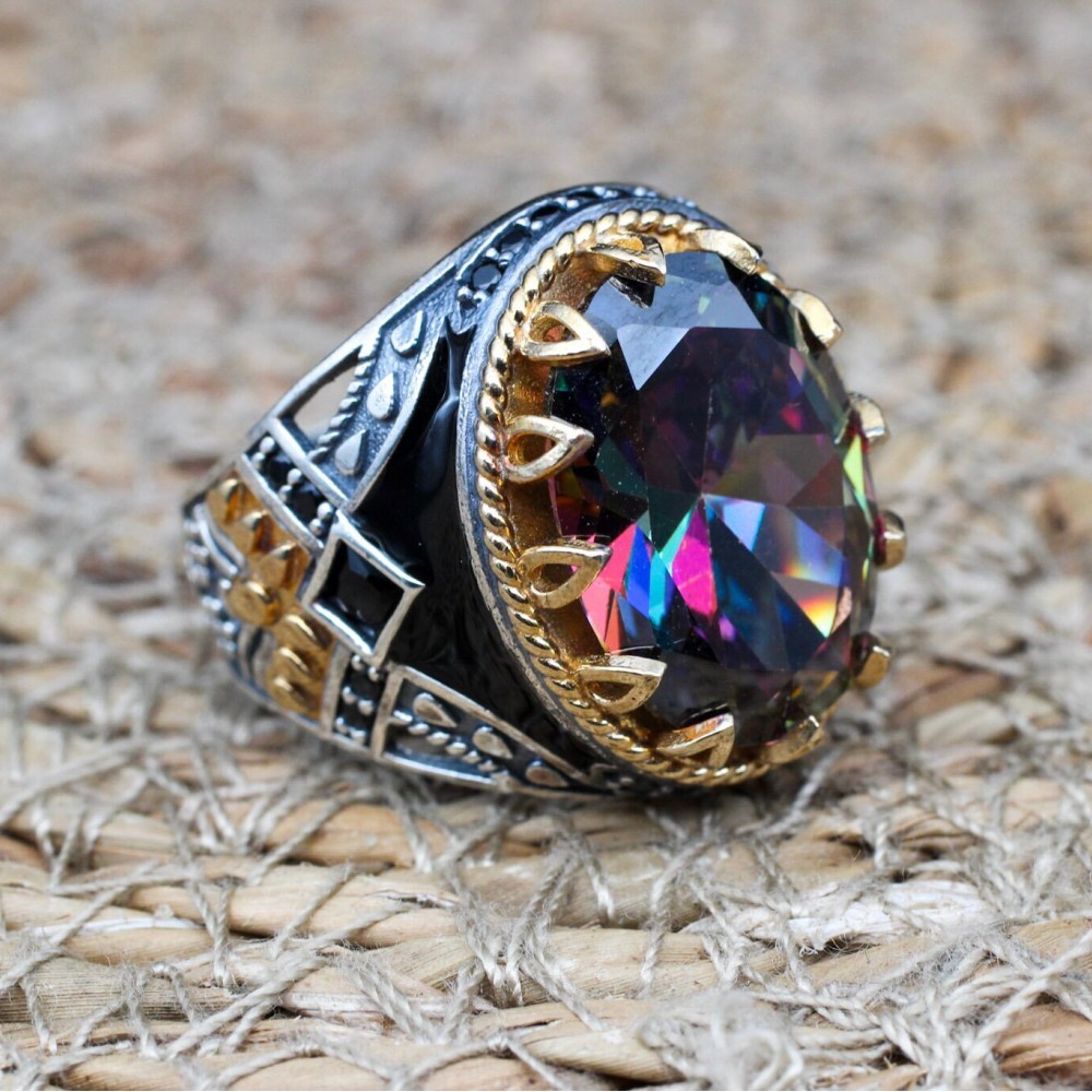 Mystic Topaz Ring, Handmade Ring, Turkish Handmade Silver Men Ring, Mystic Topaz Ring, Men's Jewelry, Gift for Him, 925k Sterling Silver
