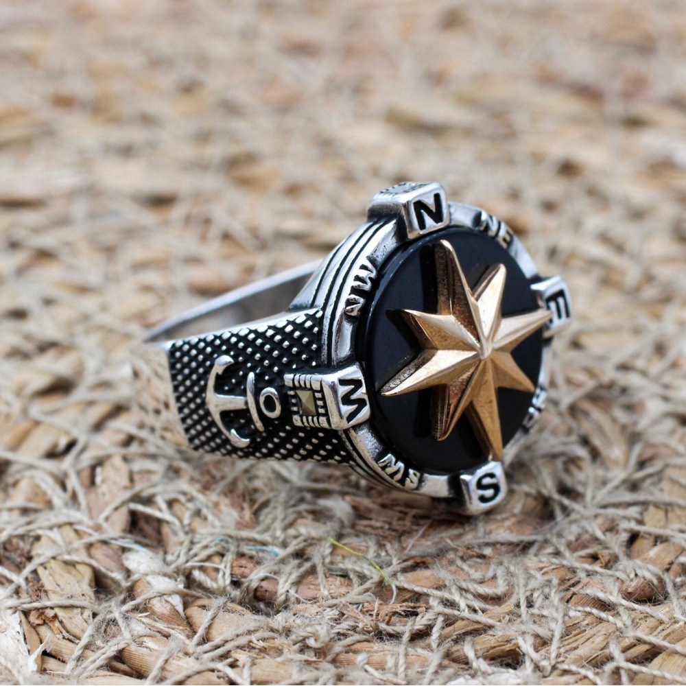 Turkish Handmade Ring, Compass Ring, Men's Handmade Ring, Anchor Ring, Onyx Ring, Men's Jewelry, Gift for Him, 925k Sterling Silver Ring