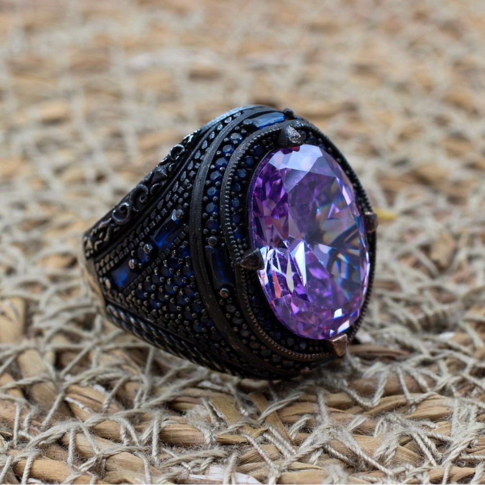 Amethyst Men's Ring, Mens Handmade Ring, Turkish Handmade Silver Men Ring, Ottoman Men Ring, Men Jewelry, Gift for Him, 925k Sterling Silver