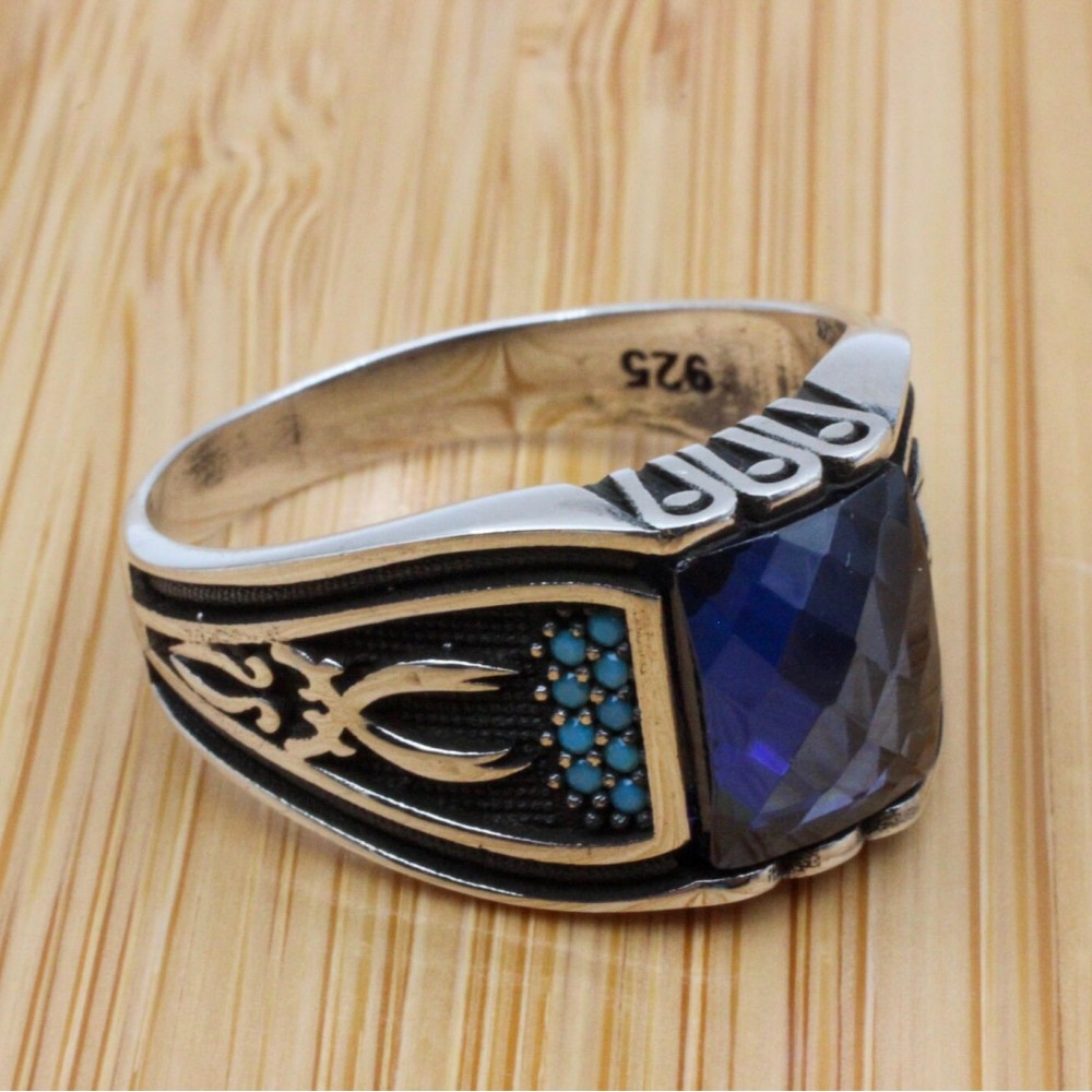 Turkish Ring, Men's Handmade Ring, Ottoman Ring, Cubic Zirconia, Sapphire Men's Ring, Men's Jewelry, Gift for Him, 925k Sterling Silver Ring