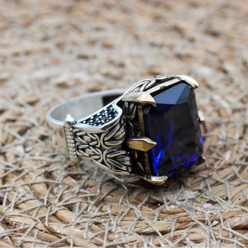 Turkish Ring, Men's Handmade Ring, Ottoman Ring, Cubic Zirconia, Sapphire Men's Ring, Men's Jewelry, Gift for Him, 925k Sterling Silver Ring
