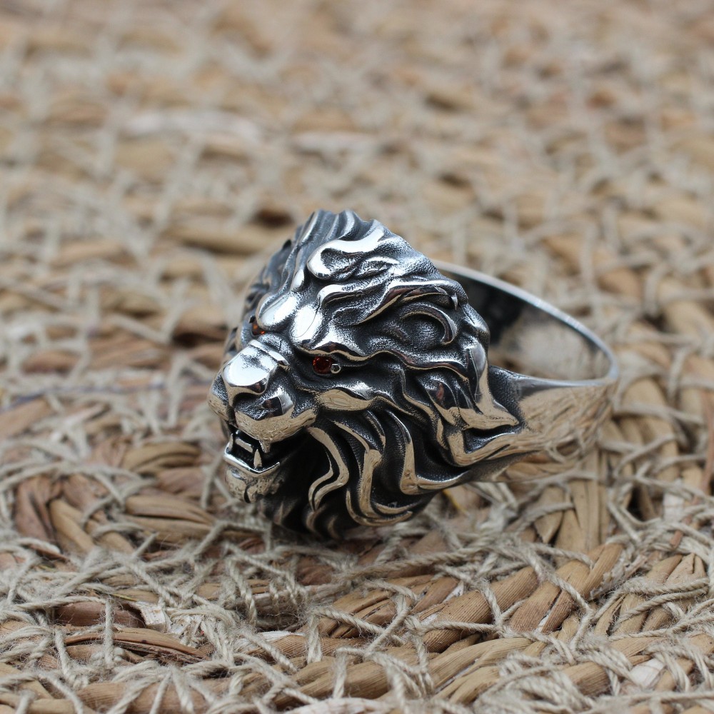 Lion Men's Ring, Turkish Handmade Sterling Silver Ring, Silver Lion Ring, Animal Wrap Ring, Ruby Men Ring, Animal Ring, 925K Sterling Silver