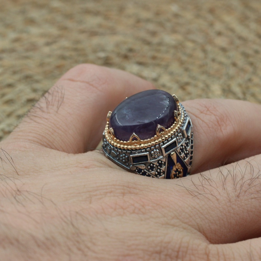Amethyst Men's Ring, Mens Handmade Ring, Turkish Handmade Silver Men Ring, Ottoman Men Ring, Men Jewelry, Gift for Him, 925k Sterling Silver