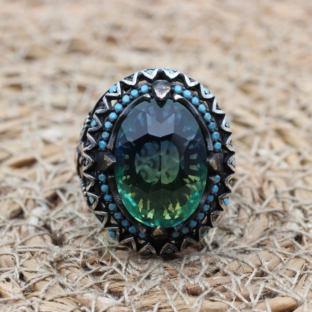 Tourmaline Men's Ring, Handmade Men's Ring, Turkish Handmade Ring, Ottoman Men's Ring, Men's Jewelry, Gift for Him, 925 Sterling Silver