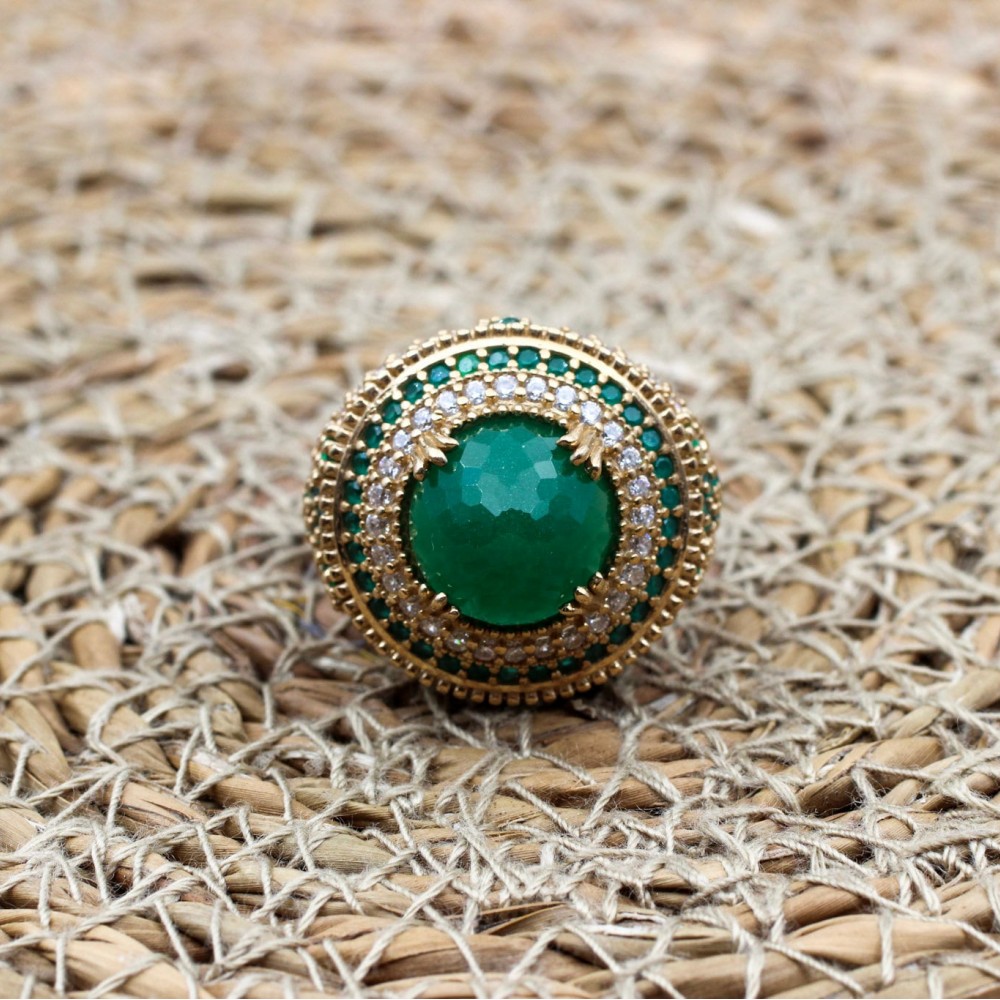 Emerald Ring, Handmade Women's Ring, Turkish Handmade Ring, Authentic Ring, Ottoman Ring, Ladies Ring, 925k Sterling Silver, Round Shape,