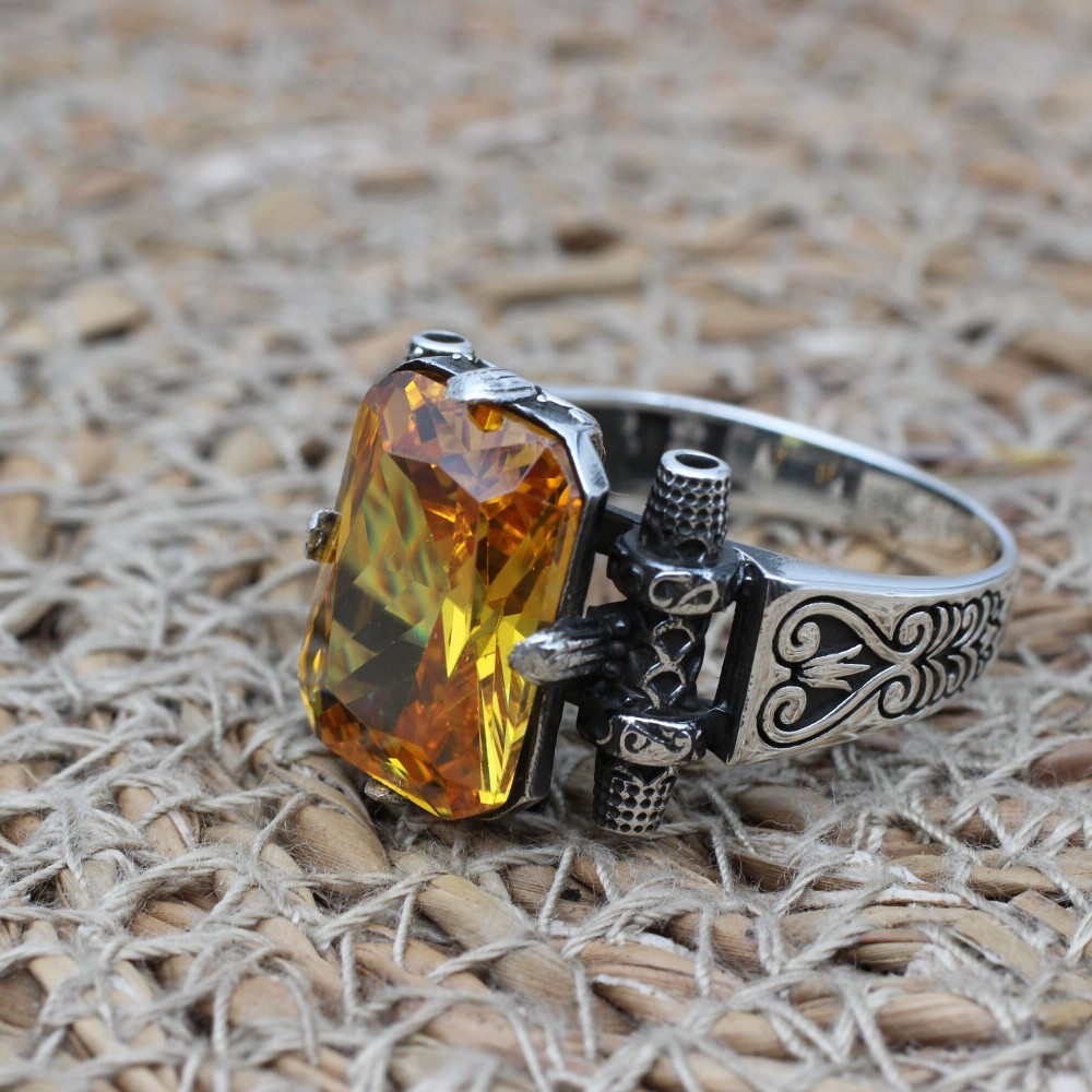 Citrine Men's Ring, Handmade Men's Ring, Ottoman Men's Ring, Square Stone, Men's Jewelry, Gift for Him, 925k Sterling Silver, Detailed Ring Citrine Men's Ring, Handmade Men's Ring, Ottoman Men's Ring, Square Stone, Men's Jewelry, Gift for Him, 925k Sterling Silver, Detailed Ring
