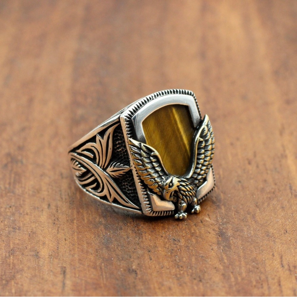 Tiger Eye Men's Ring, Eagle Men's Ring, Handmade Men's Ring, Turkish Handmade Men's Ring, Men's Jewelry, Gift for Him, 925 Sterling Silver