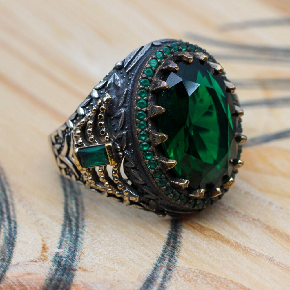 Emerald Men's Ring, Ottoman Men's Ring, Handmade Men's Ring, Turkish Handmade Men's Ring, Men's Jewelry, Gift for Him, 925 Sterling Silver