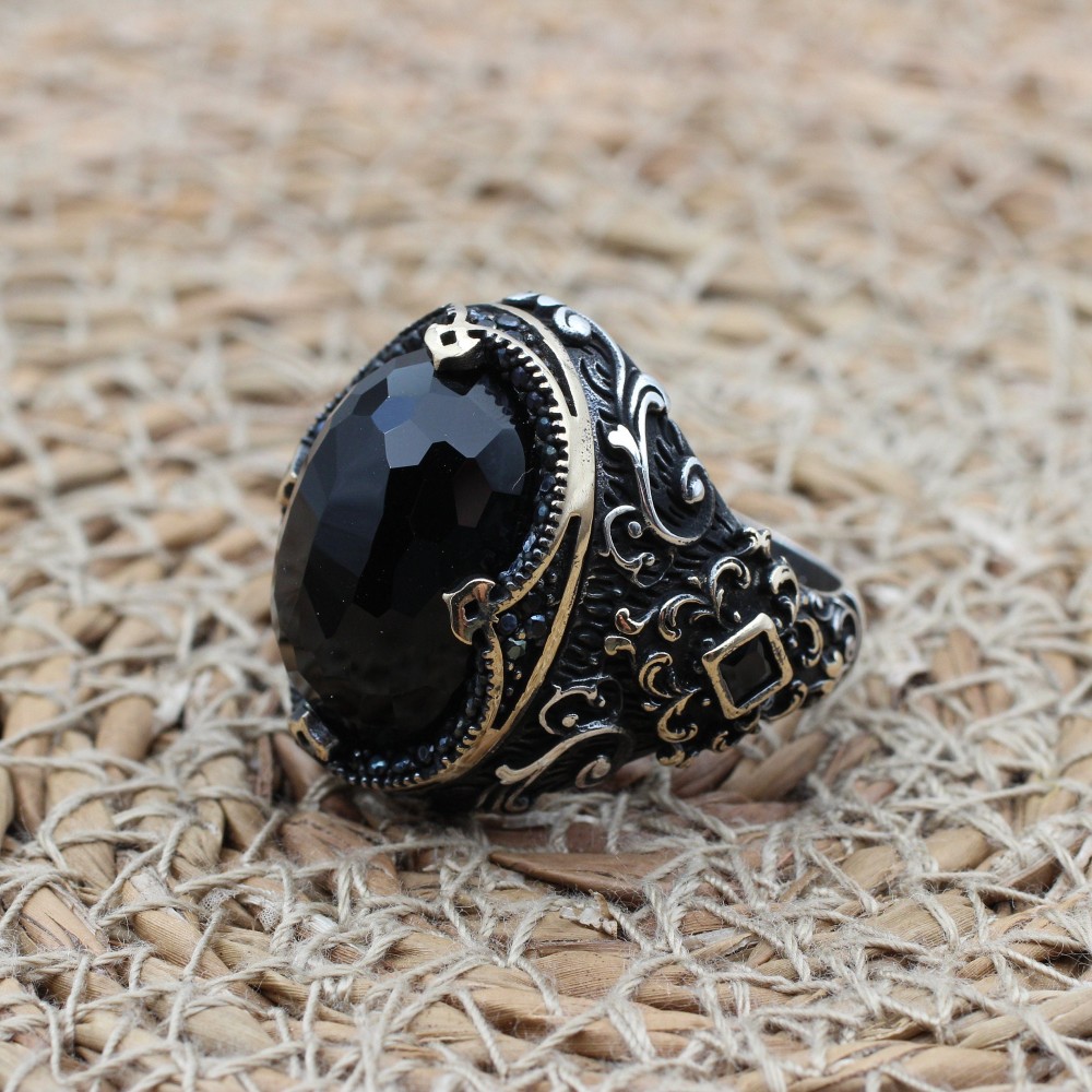 Turkish Handmade Silver Men's Ring, Men's Handmade Ring, Yemeni Men's Ring, Onyx Ring, Ottoman Ring, Gift for Him, 925k Sterling Silver,