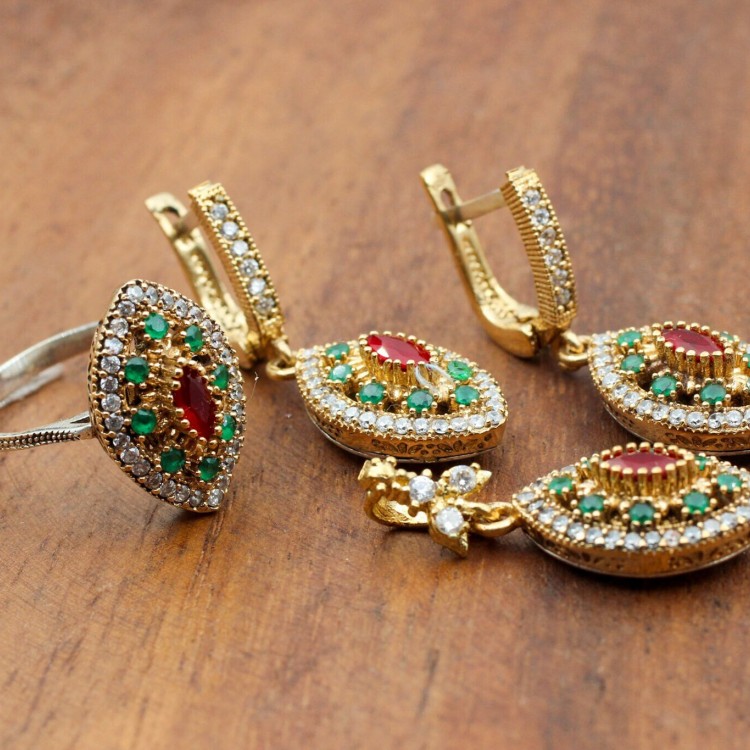 Ruby Set, Authentic Set, Handmade Set Women, Turkish Handmade, Ladies Jewelry Set, Earring, Pendant, Ladies Set, 925k Sterling Silver, Jewel