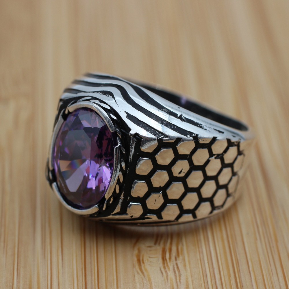 Men's Handmade Ring, Turkish Handmade Ring, Cubic Zircon, Ottoman Men Ring, Amethyst Ring, Men's Jewelry, Gift for Him, 925k Sterling Silver