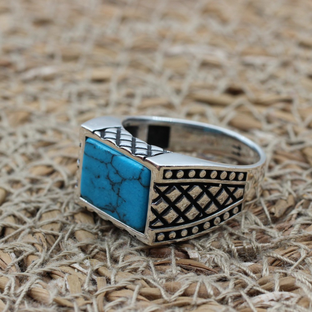 Turquoise Men's Ring, Handmade Ring, Turkish Handmade Silver Men Ring, Ottoman Ring, Men's Jewelry, Gift for Him, 925k Sterling Silver Ring