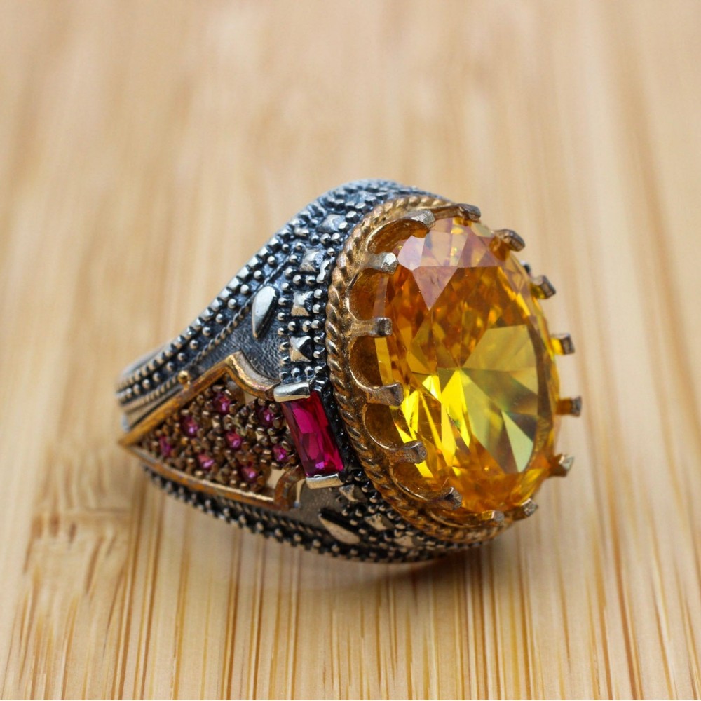 Men's Handmade Ring, Turkish Handmade, Peridot Ring, Ottoman Men's Ring, Topaz Ring, Men's Jewelry, Gift for Him, 925k Sterling Silver Ring