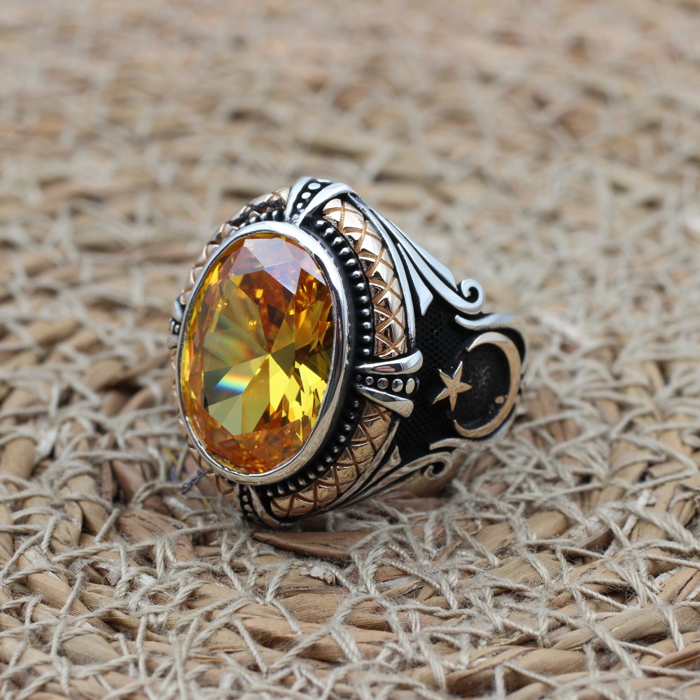 Citrine Men's Ring, Handmade Men's Ring, Turkish Handmade Silver Men Ring, Men Ring, Men's Jewelry, Gift for Him, 925k Sterling Silver Ring,