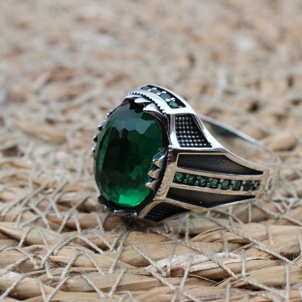 Emerald Men's Ring, Ottoman Men's Ring, Handmade Men's Ring, Turkish Handmade Men's Ring, Men's Jewelry, Gift for Him, 925 Sterling Silver