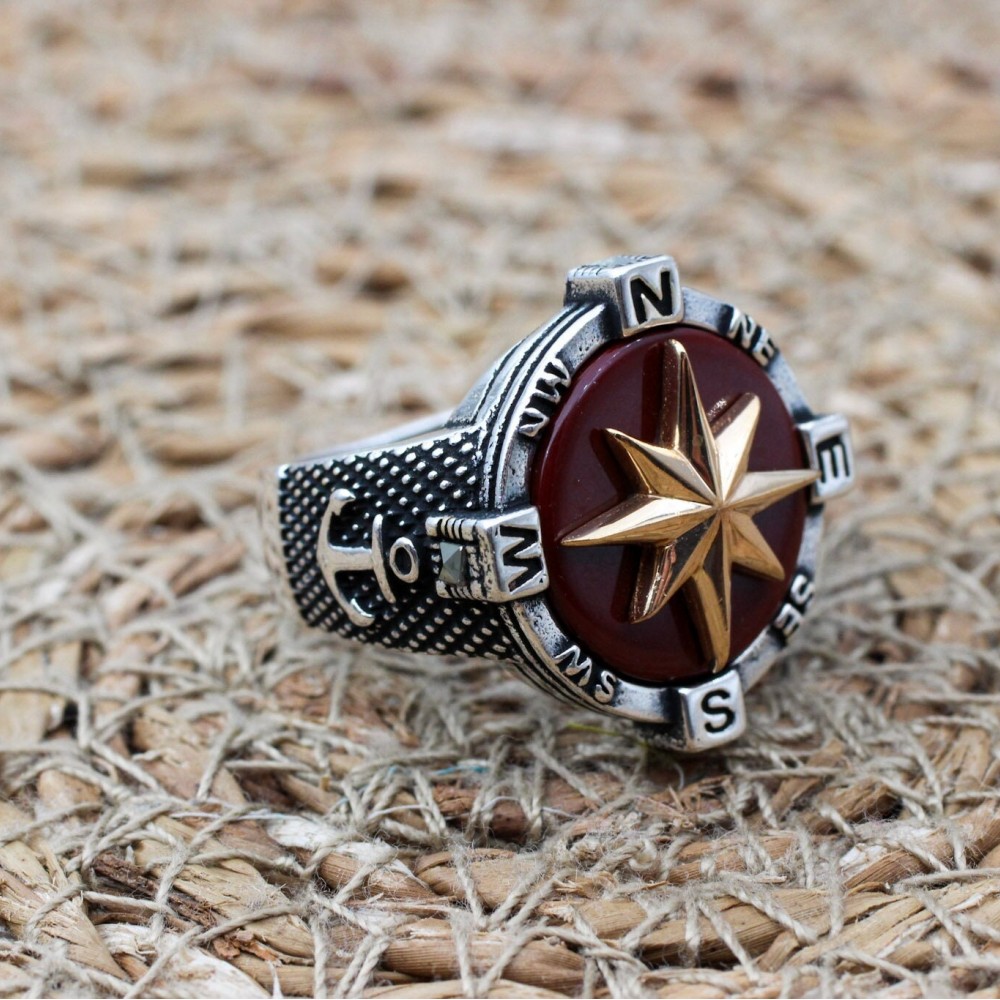 Turkish Handmade Ring, Compass Ring, Men's Handmade Ring, Anchor Ring, Agate Men Ring, Mens Jewelry, Gift for Him, 925k Sterling Silver Ring