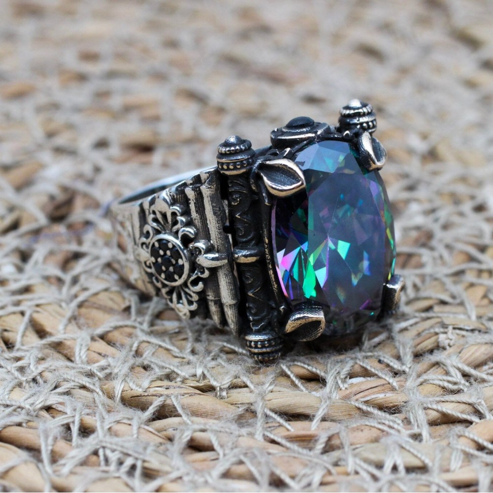 Mystic Topaz Ring, Handmade Ring, Turkish Handmade Men Ring, Mystic Topaz Ring, Mens Jewelry, Gift for Him, 925k Sterling Silver, Oval Stone