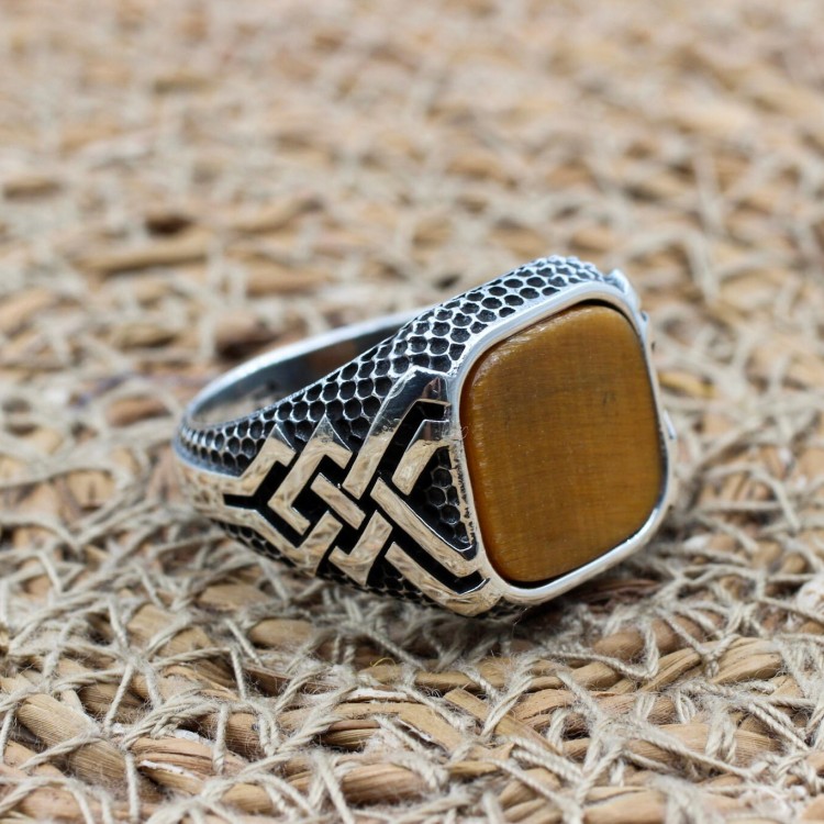 Men's Handmade Ring, Turkish Handmade Silver Men Ring, Ottoman Ring, Tiger Eye Ring, Men's Jewelry, Gift for Him, 925k Sterling Silver Ring