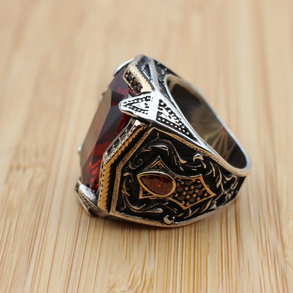 Ruby Men's Ring, Handmade Men's Ring, Turkish Handmade Silver Mens Ring, Ottoman Mens Ring, Mens Jewelry, Gift for Him, 925 Sterling Silver