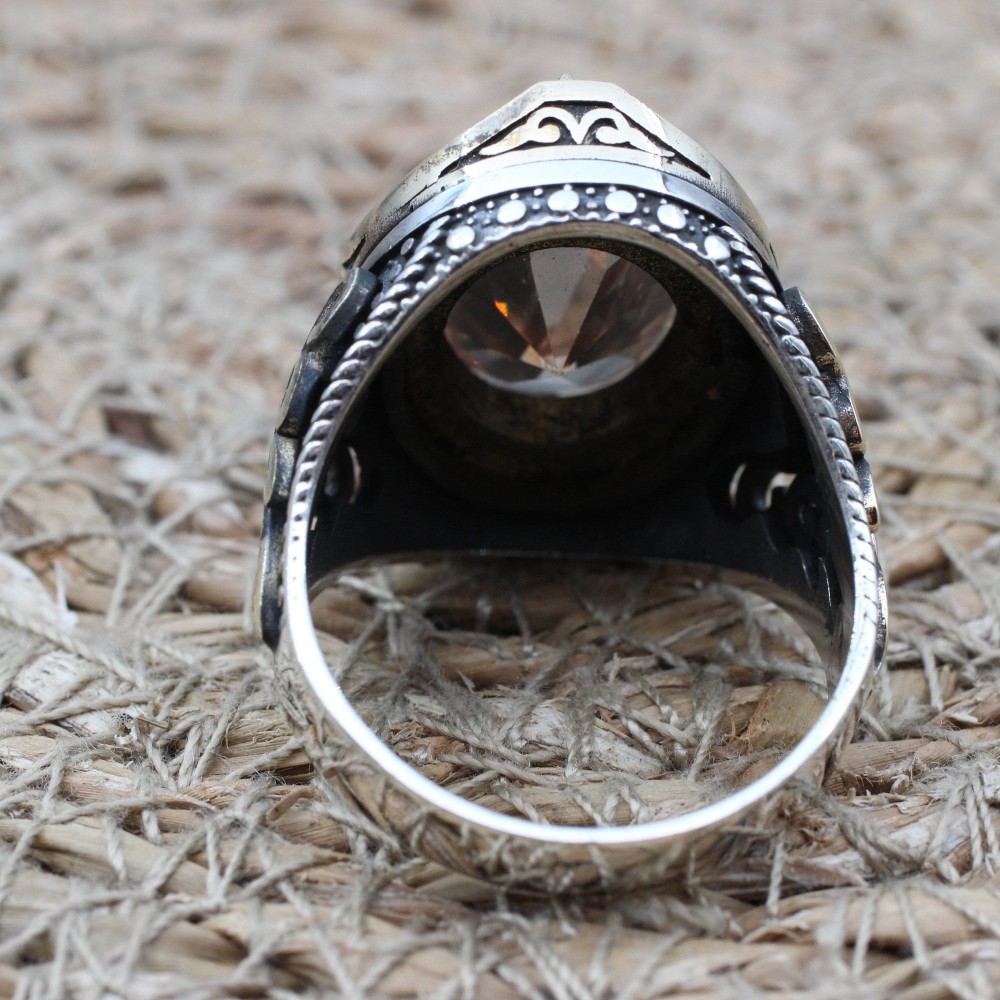 Turkish Handmade Silver Men's Ring, Men's Handmade Ring, Yemeni Ring, Topaz Men's Ring, Ottoman Ring, Gift for Him, 925k Sterling Silver,