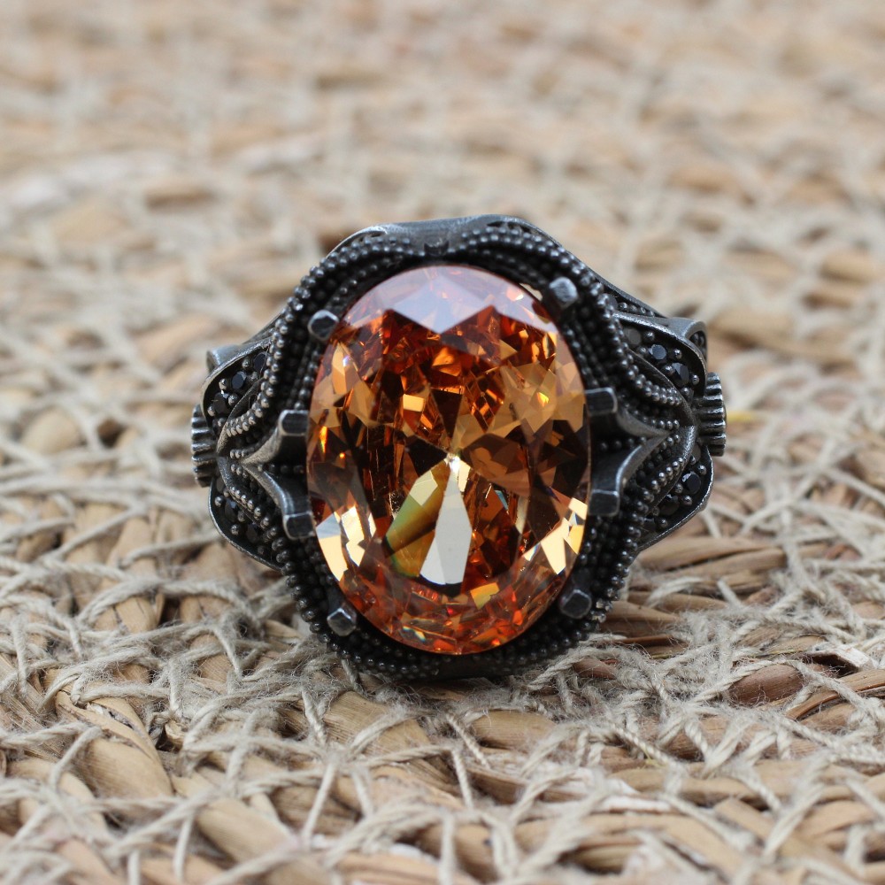 Handmade Men's Ring, Topaz Men's Ring, Men's Ring, Turkish Handmade Silver Men's Ring, Ottoman Mens Ring, Gift for Him, 925k Sterling Silver