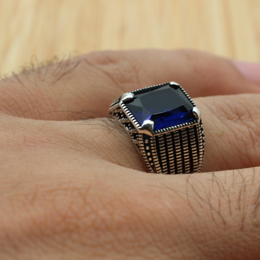 Turkish Ring, Men's Handmade Ring, Ottoman Ring, Cubic Zirconia, Sapphire Men's Ring, Men's Jewelry, Gift for Him, 925k Sterling Silver Ring