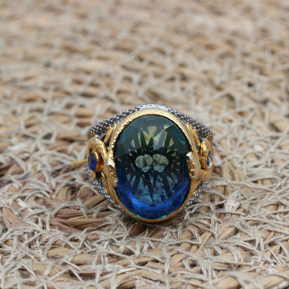 Men's Handmade Ring, Turkish Handmade Ring, Ottoman  Men's Ring, Tourmaline Men's Ring, Men's Jewelry, Gift for Him, 925k Sterling Silver