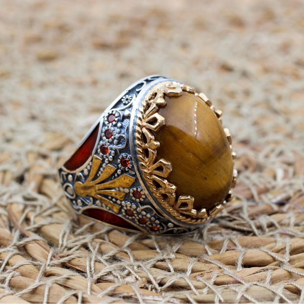 Tiger Eye Men's Ring, Ottoman Men's Ring, Handmade Men's Ring, Turkish Handmade Men's Ring, Men's Jewelry, Gift for Him, 925 Sterling Silver