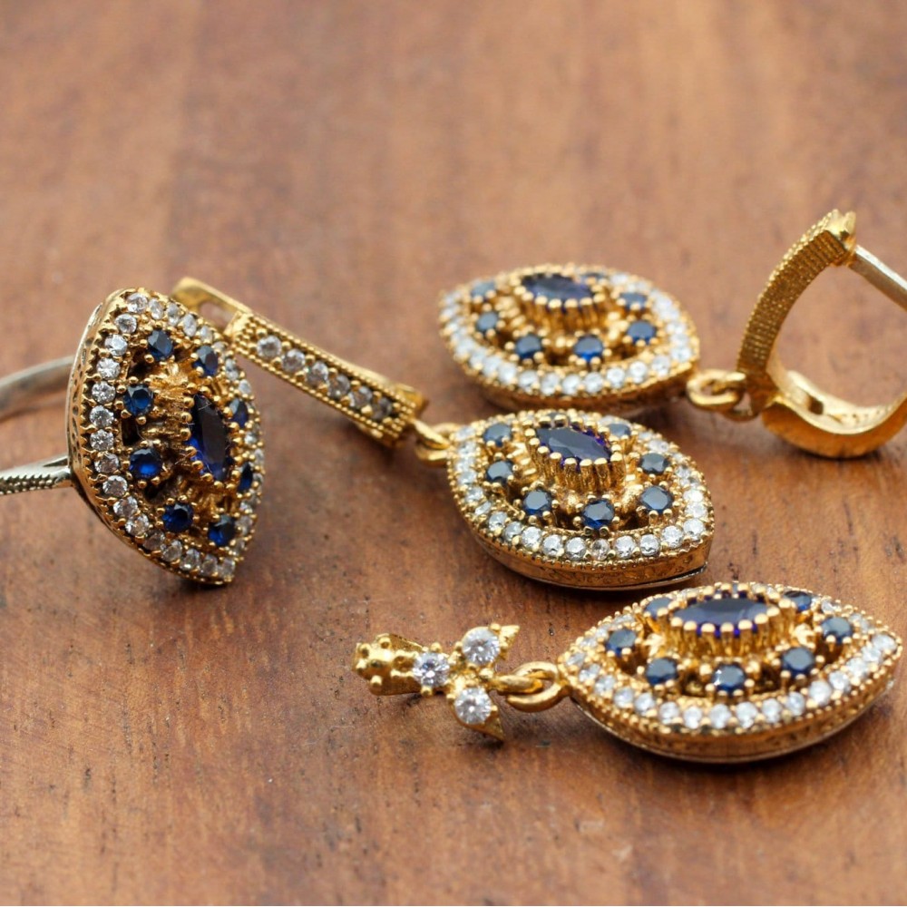 Sapphire Set, Authentic Set, Handmade Set Women, Turkish Handmade, Ladies Jewelry Set, Earring, Pendant, Ladies Set, 925k Sterling Silver